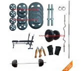 65 Kg Full Home Gym package Plates + 4 rods + Multi 3 in 1 bench + Gloves + Gripper
